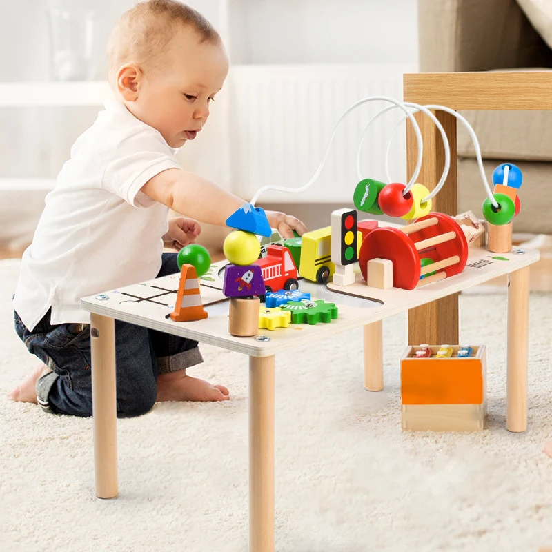 Montessori Spieltisch Holz – Motorik Busy Board & Kugelbahn