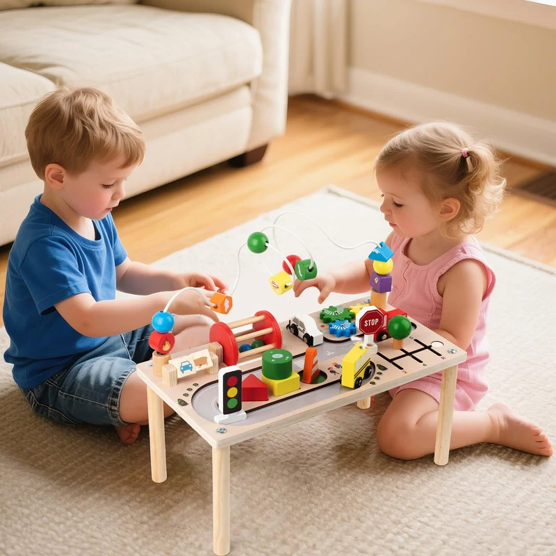 Montessori Spieltisch Holz – Motorik Busy Board & Kugelbahn