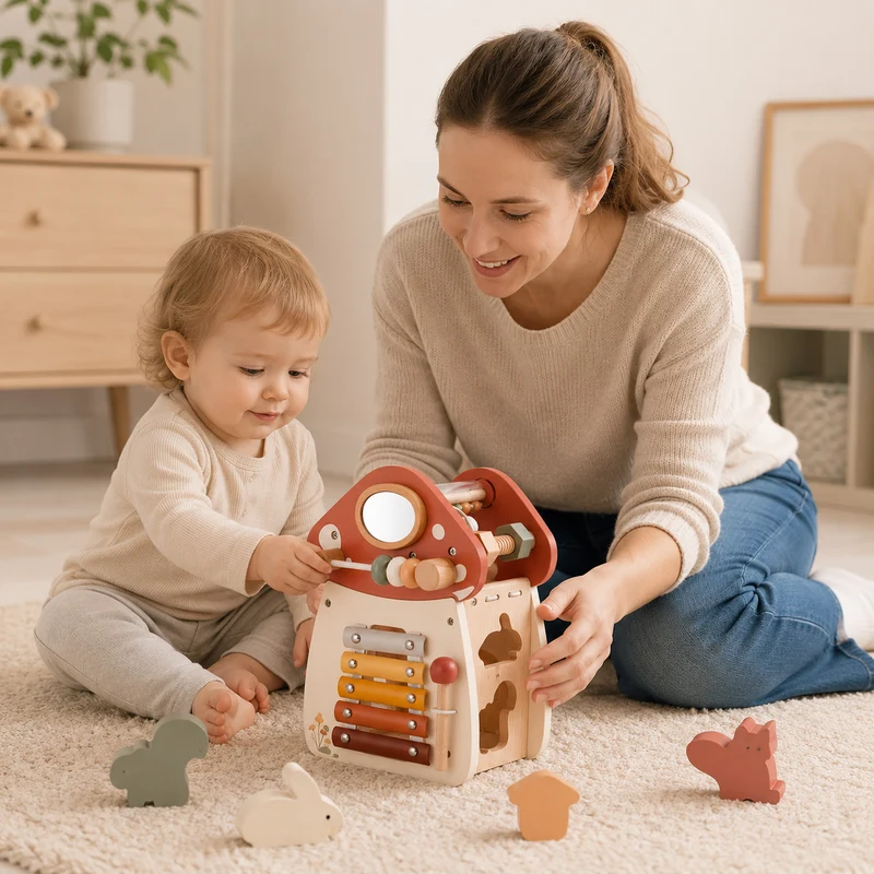 Montessori Motorikhaus aus Holz mit Xylophon & Steckspiel