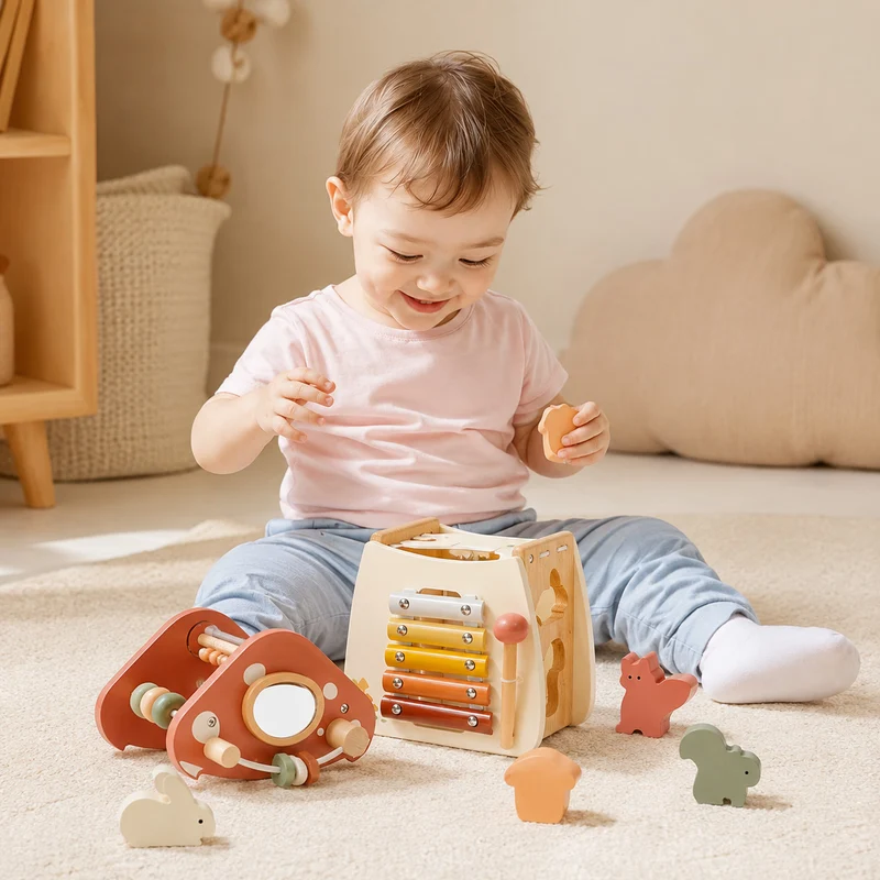 Montessori Motorikhaus aus Holz mit Xylophon & Steckspiel