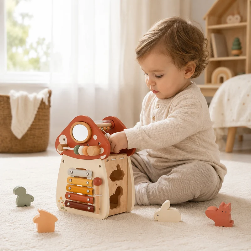 Montessori Motorikhaus aus Holz mit Xylophon & Steckspiel