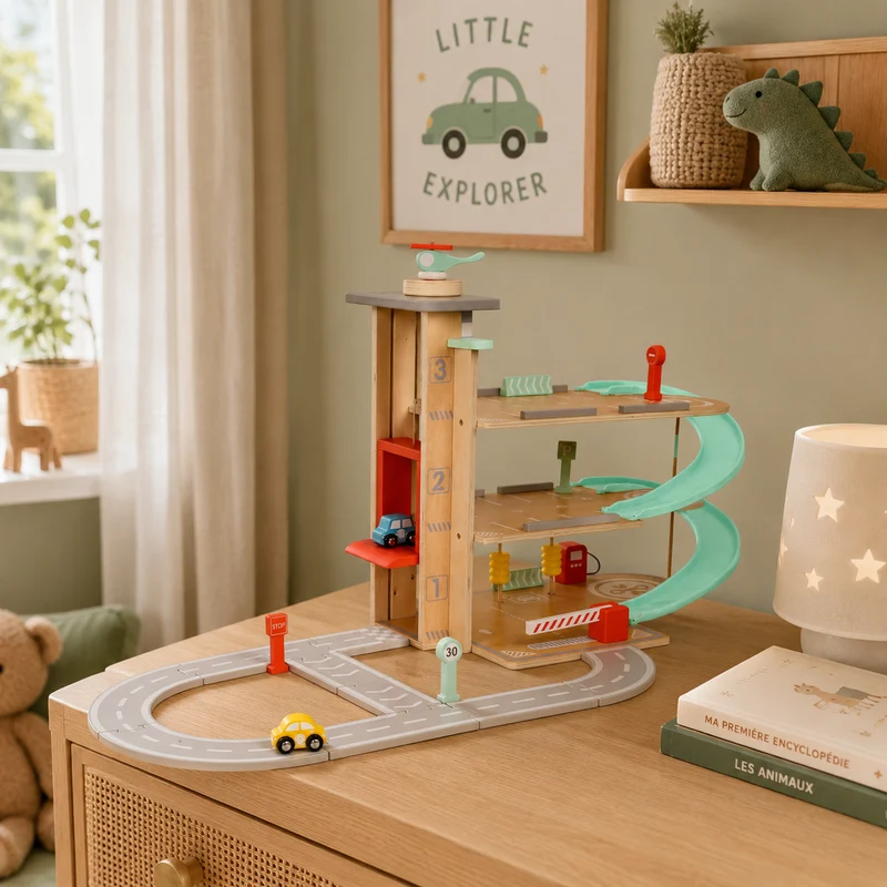 Garage à trois étages en bois FSC® pour enfant dès 3 ans