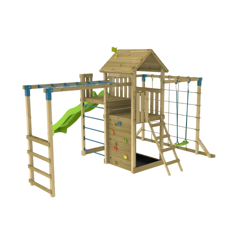 AIre de jeux XXL balançoire, pont de singe et toboggan - bois FSC® - TILLEUL SKYWOOD