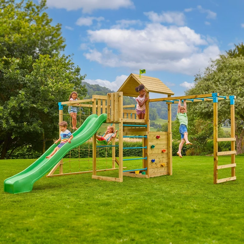 AIre de jeux XXL balançoire, pont de singe et toboggan - bois FSC® - TILLEUL SKYWOOD