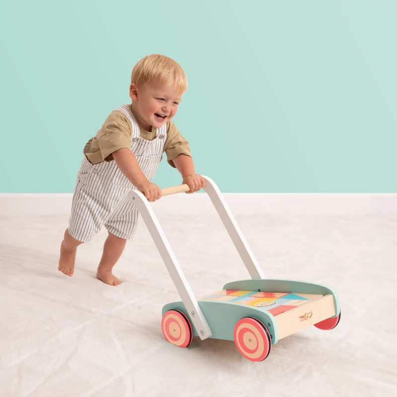 Chariot de marche avec cubes en bois FSC® pour enfant dès 1 an
