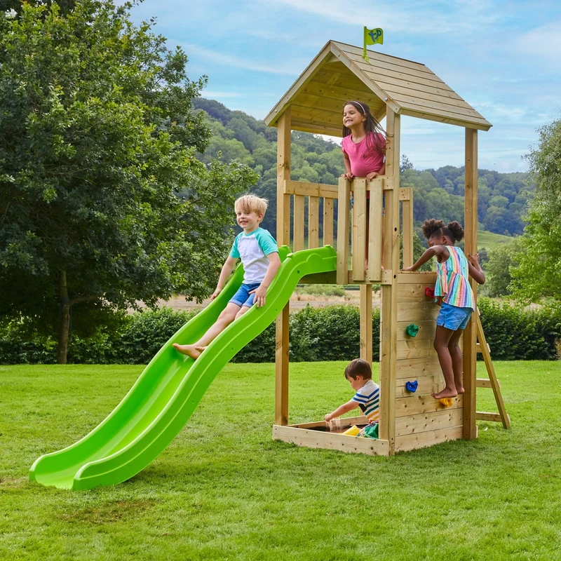 Aire de jeux tour avec toboggan et mur d'escalade - bois FSC® - H270 cm - SKYWOOD
