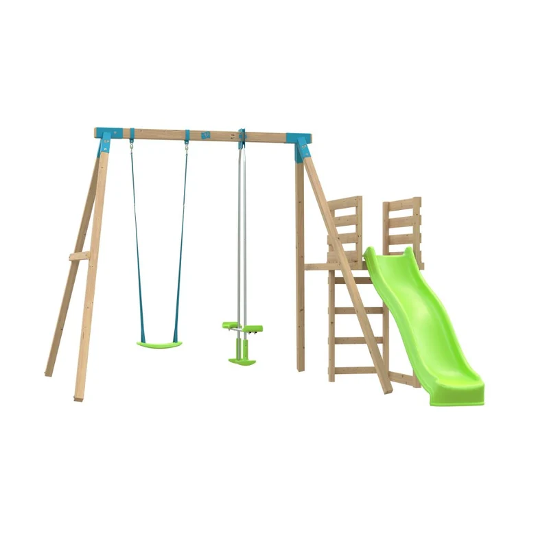 Portique balançoire avec vis-à-vis et toboggan - bois carré FSC® - H243 cm - AUBÉPINE