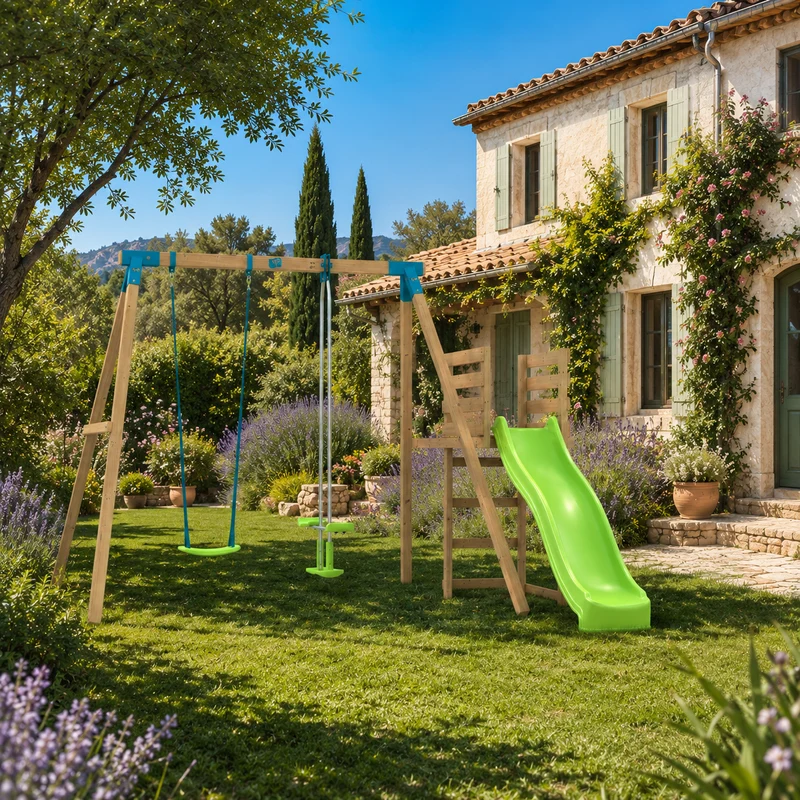 Portique balançoire avec vis-à-vis et toboggan - bois carré FSC® - H243 cm - AUBÉPINE