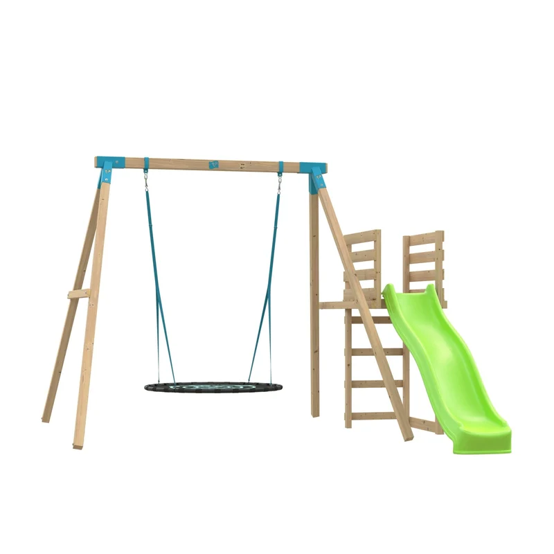 Portique balançoire nid d'oiseau et toboggan - bois carré FSC® - H243 cm - ALYSSE