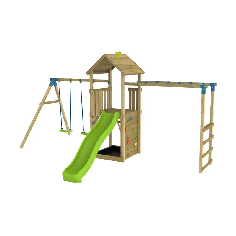 AIre de jeux pont de singe, 2 balançoires et toboggan - bois FSC® - TAMARIN SKYWOOD