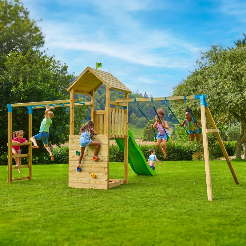 AIre de jeux pont de singe, 2 balançoires et toboggan - bois FSC® - TAMARIN SKYWOOD