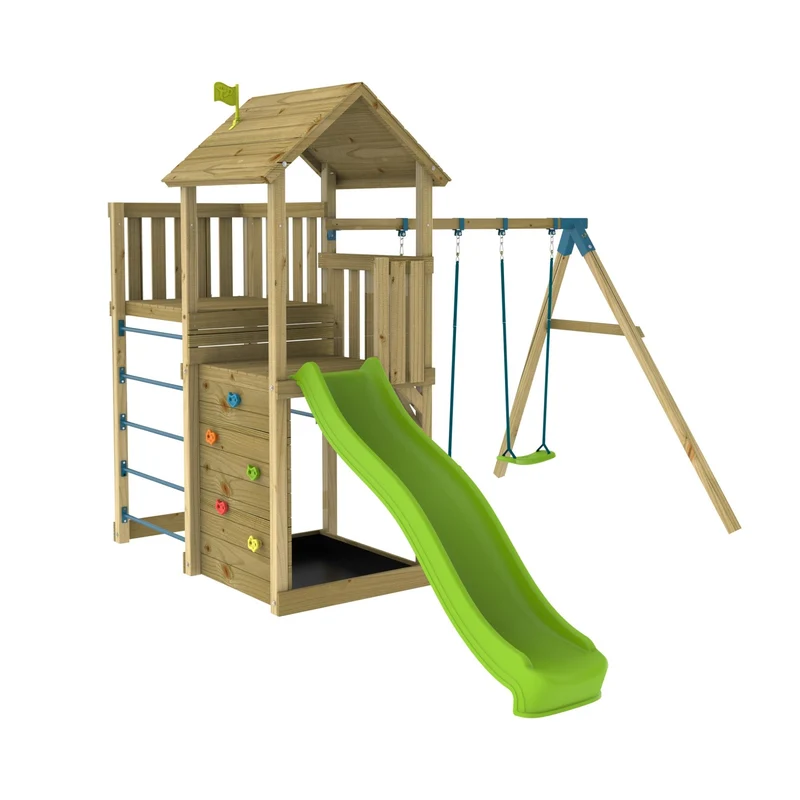 AIre de jeux 2 balançoires et toboggan - bois FSC® - H270 cm - SARRIETTE SKYWOOD
