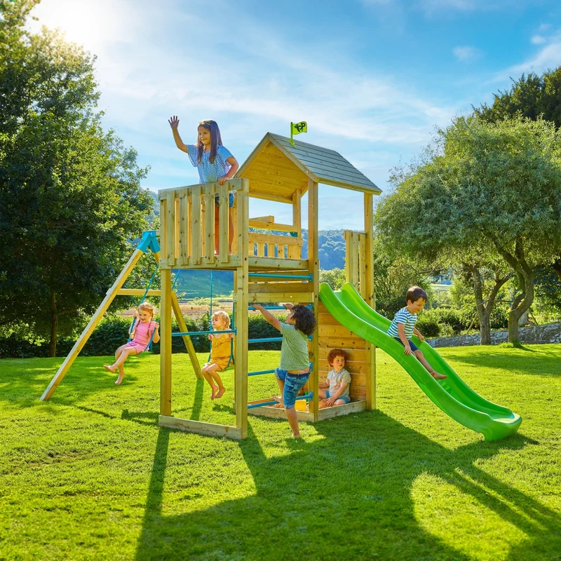AIre de jeux 2 balançoires et toboggan - bois FSC® - H270 cm - SARRIETTE SKYWOOD