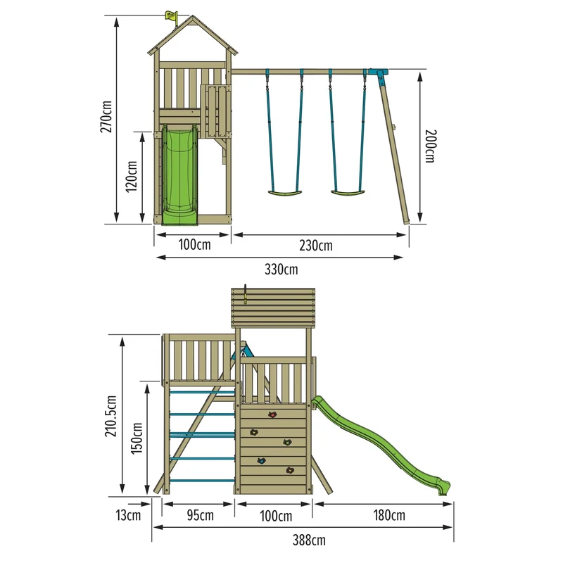 AIre de jeux 2 balançoires et toboggan - bois FSC® - H270 cm - SARRIETTE SKYWOOD
