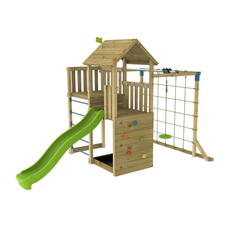 AIre de jeux tyrolienne, mur d'escalade et toboggan - bois FSC® - SANTOLINE SKYWOOD