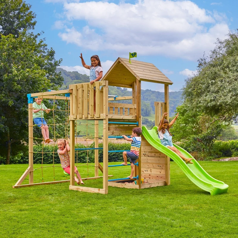 AIre de jeux tyrolienne, mur d'escalade et toboggan - bois FSC® - SANTOLINE SKYWOOD