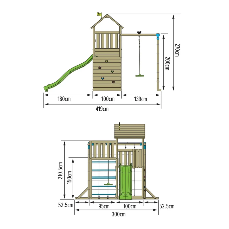 AIre de jeux tyrolienne, mur d'escalade et toboggan - bois FSC® - SANTOLINE SKYWOOD