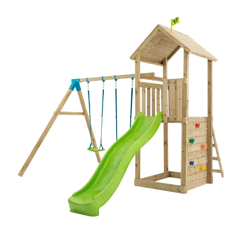 AIre de jeux 2 balançoires et toboggan - bois FSC® - H270 cm - OLIVÈTE SKYWOOD
