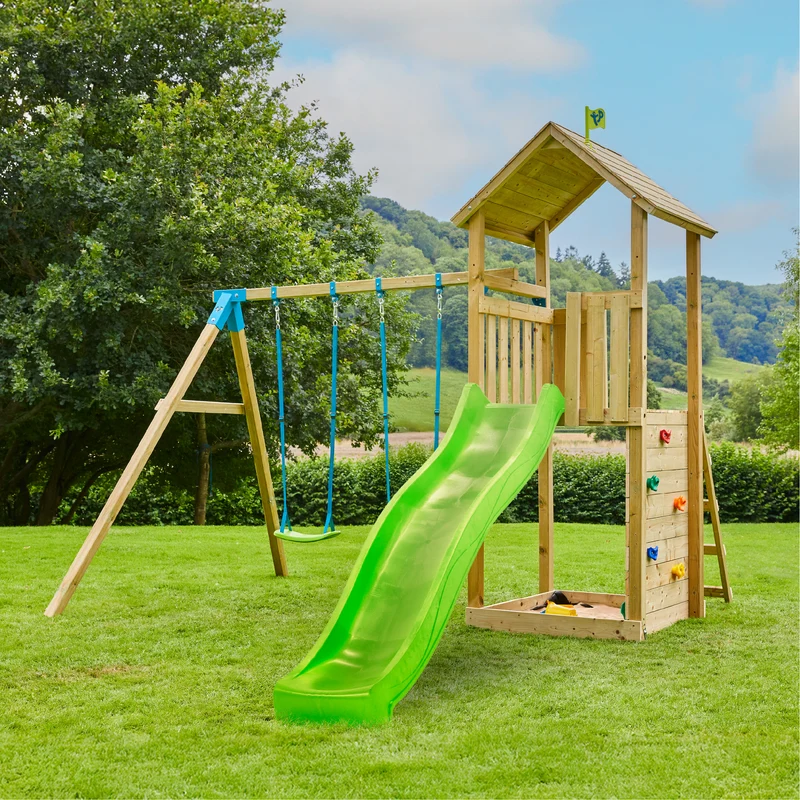 AIre de jeux 2 balançoires et toboggan - bois FSC® - H270 cm - OLIVÈTE SKYWOOD