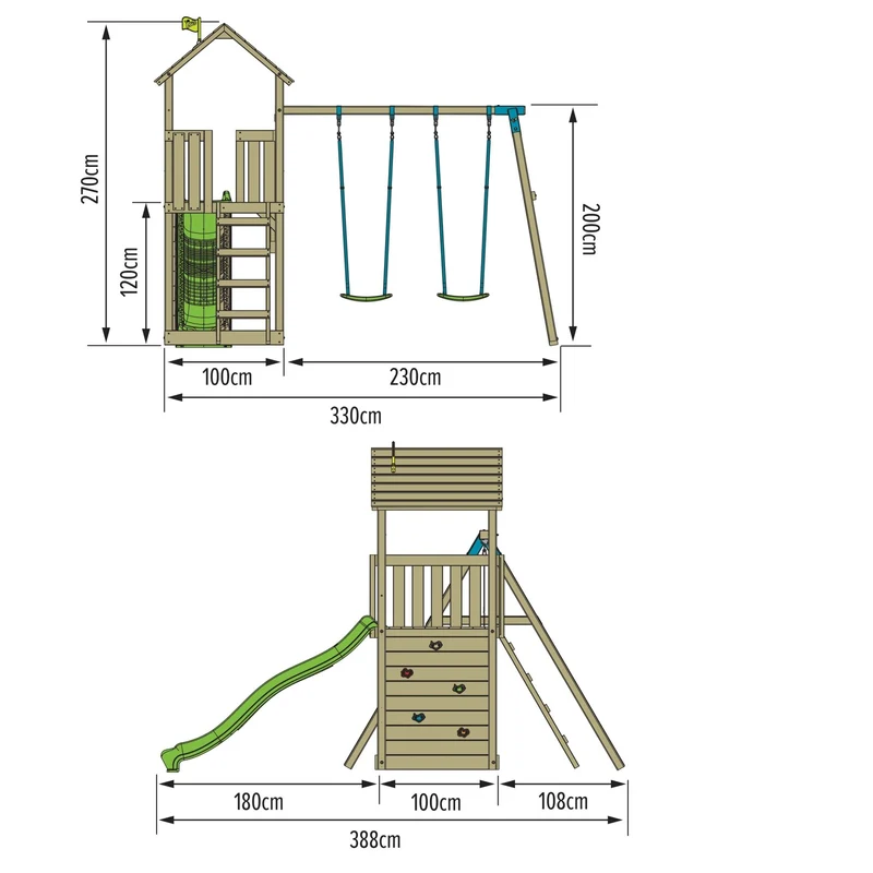 AIre de jeux 2 balançoires et toboggan - bois FSC® - H270 cm - OLIVÈTE SKYWOOD