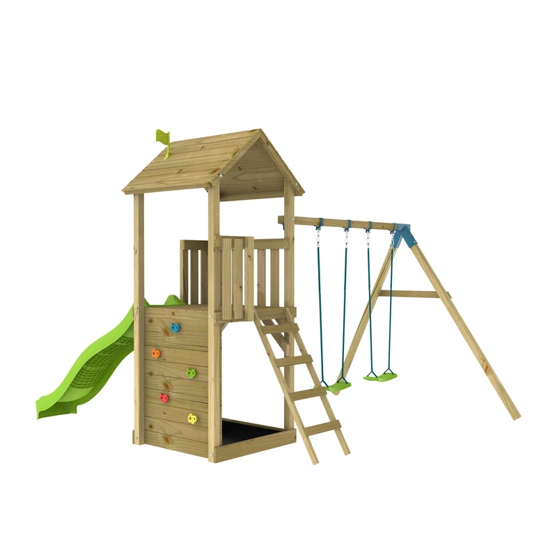 AIre de jeux 2 balançoires et toboggan - bois FSC® - H270 cm - OLIVÈTE SKYWOOD