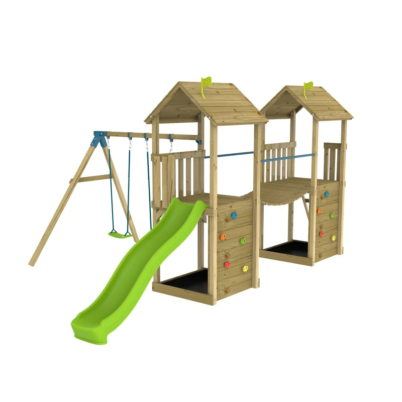 AIre de jeux XXL 2 tours, pont suspendu et toboggan - bois FSC® - LAURIER SKYWOOD