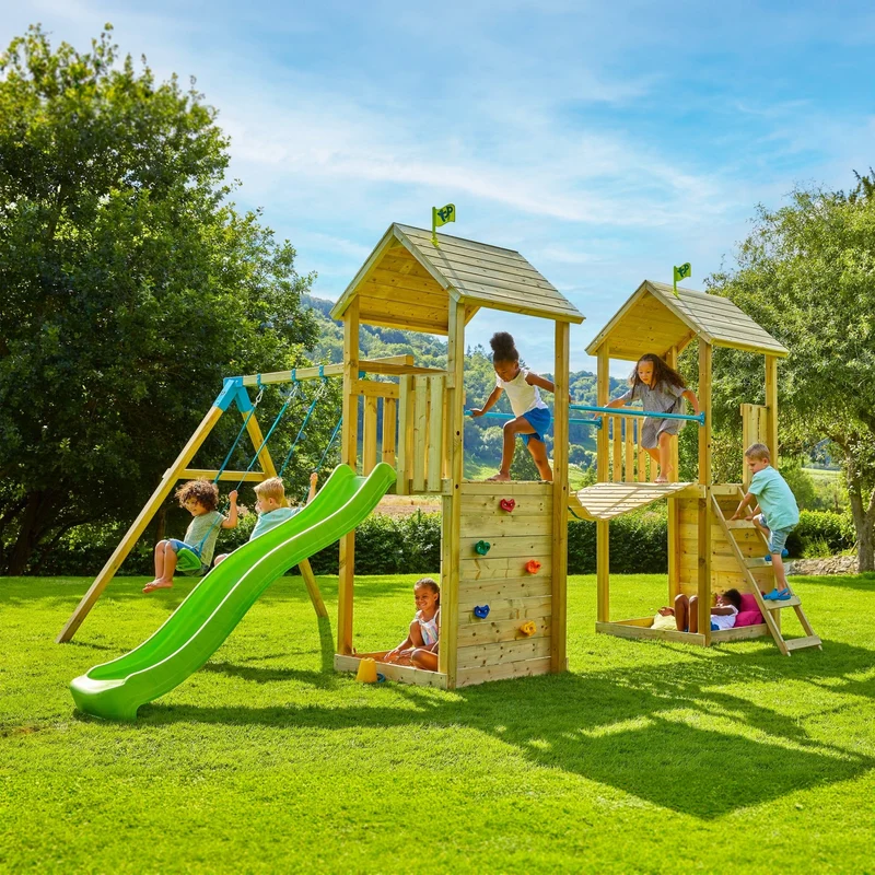 AIre de jeux XXL 2 tours, pont suspendu et toboggan - bois FSC® - LAURIER SKYWOOD