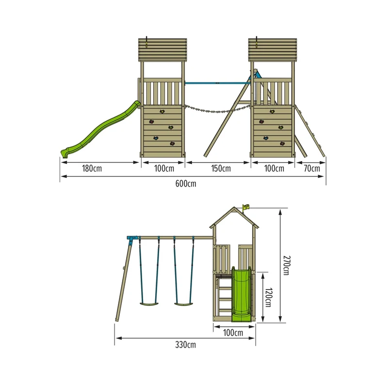 AIre de jeux XXL 2 tours, pont suspendu et toboggan - bois FSC® - LAURIER SKYWOOD