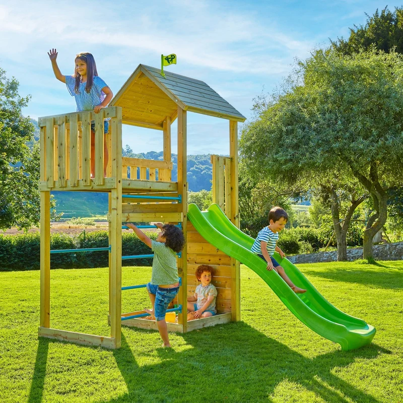 AIre de jeux tour avec mur d'escalade et toboggan - bois FSC® - H270 cm - CLÉMATITE SKYWOOD