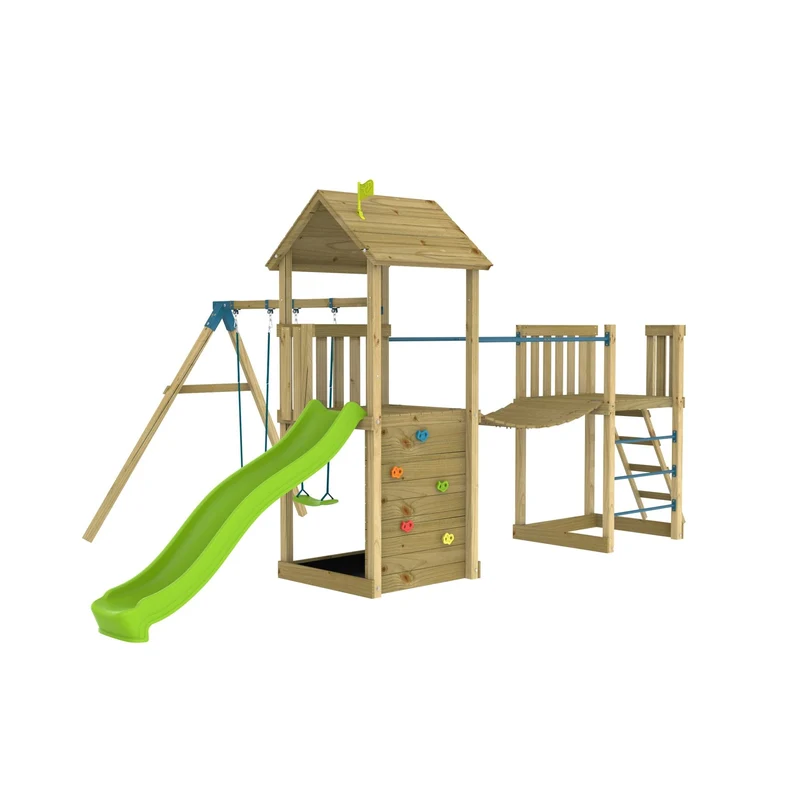 AIre de jeux 2 balançoires, toboggan et pont suspendu - bois FSC® - H270 cm - BRUYÈRE SKYWOOD