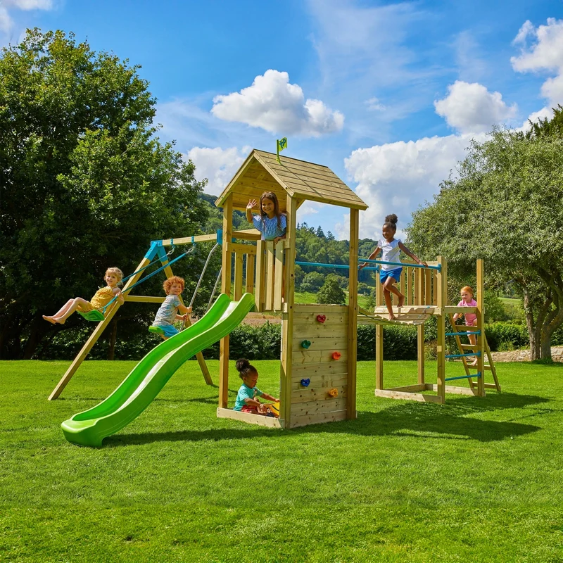 AIre de jeux 2 balançoires, toboggan et pont suspendu - bois FSC® - H270 cm - BRUYÈRE SKYWOOD