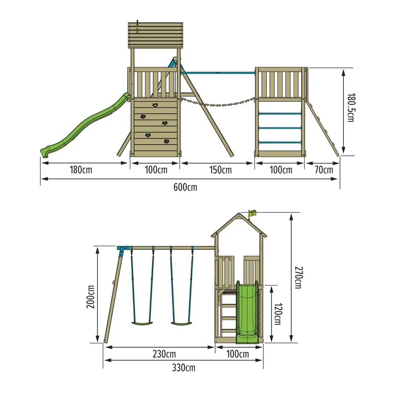 AIre de jeux 2 balançoires, toboggan et pont suspendu - bois FSC® - H270 cm - BRUYÈRE SKYWOOD