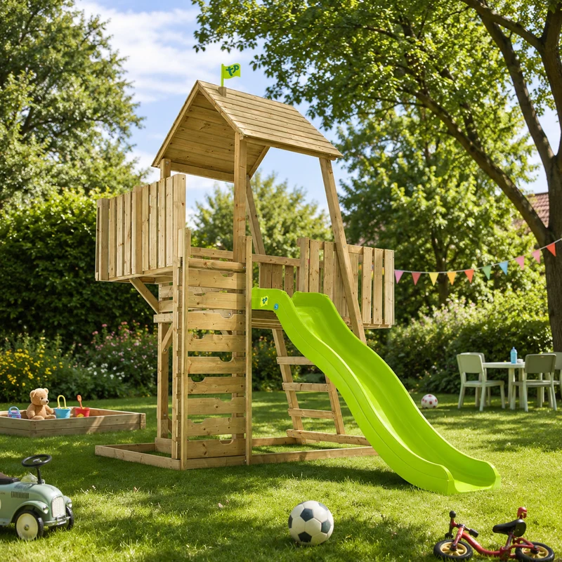 Aire de jeux tour avec toboggan - bois FSC® - H306 cm - KINGSWOOD