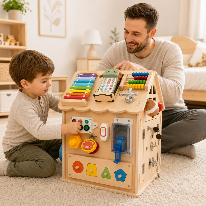 Montessori Busy House – Holz Motorikspiel mit 20+ Aktivitäten