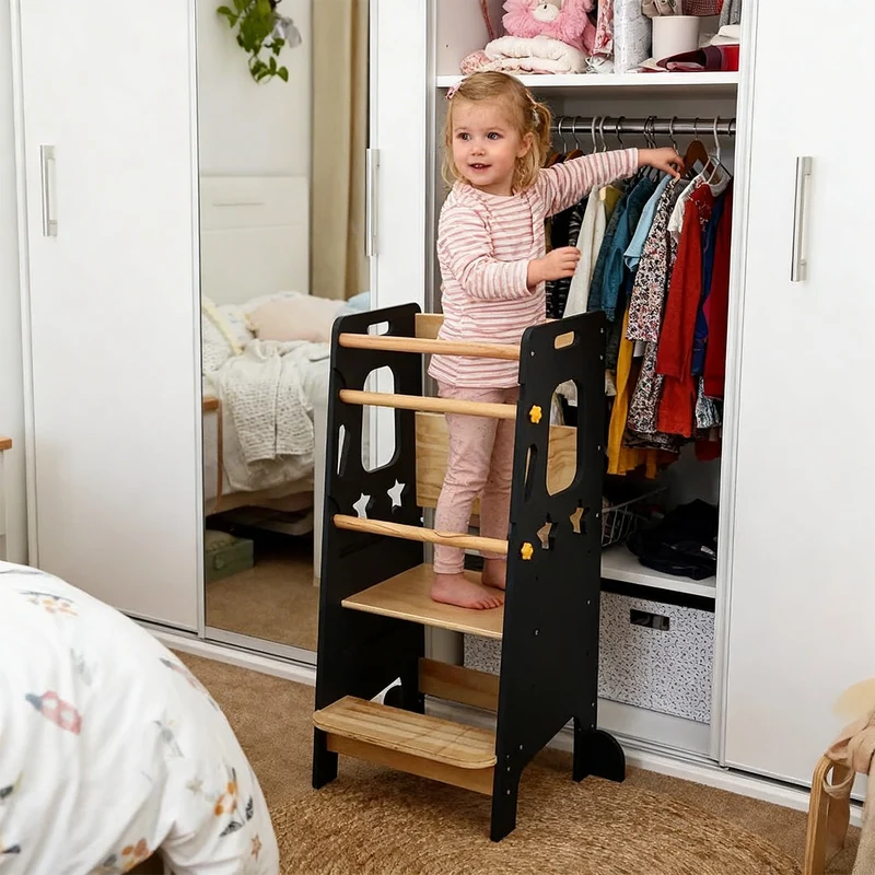 Lernturm Kinder Holz höhenverstellbar – Montessori Learning Tower Küche stabil & sicher