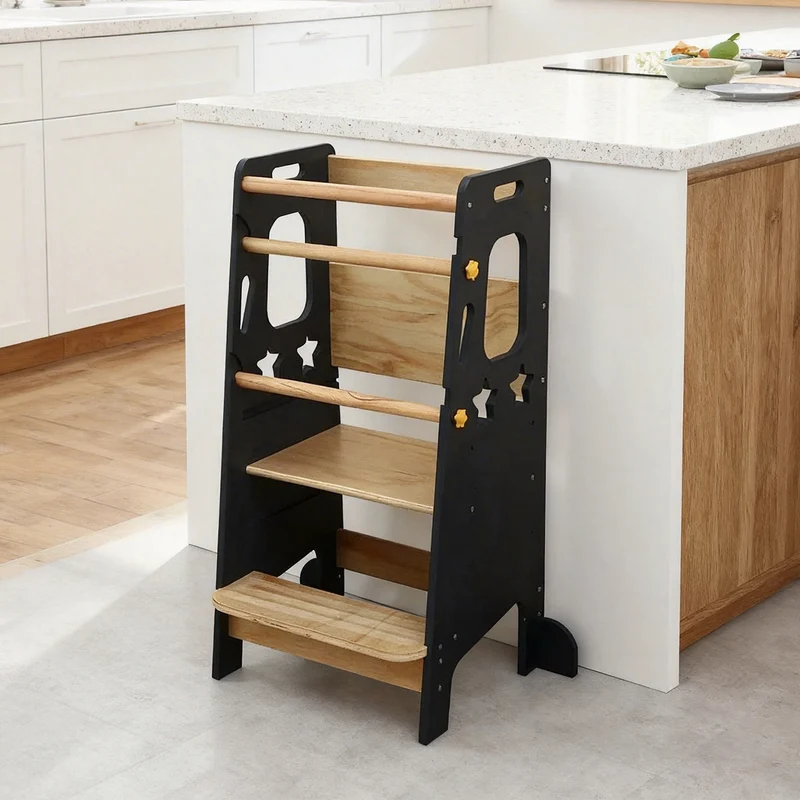 Lernturm Kinder Holz höhenverstellbar – Montessori Learning Tower Küche stabil & sicher