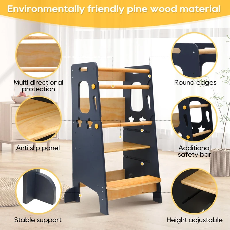 Lernturm Kinder Holz höhenverstellbar – Montessori Learning Tower Küche stabil & sicher