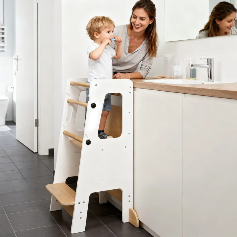 Montessori Lernturm Massivholz Klassik – Weiß oder Grau