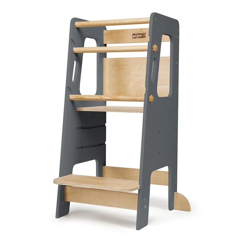 Montessori Lernturm Massivholz Klassik – Weiß oder Grau