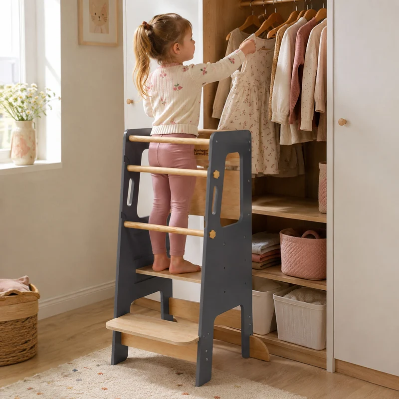 Montessori Lernturm Massivholz Klassik – Grau