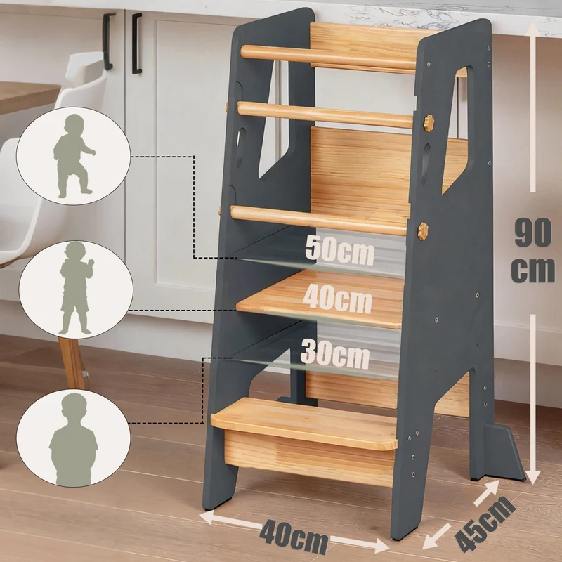 Montessori Lernturm Massivholz Klassik – Grau
