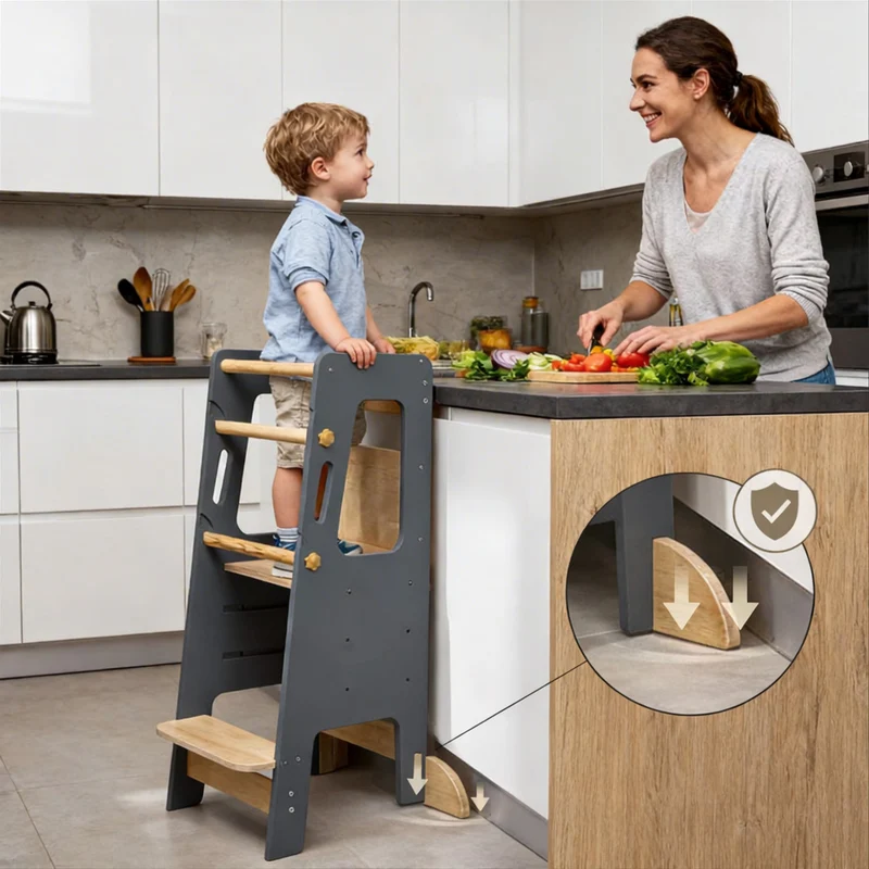 Montessori Lernturm Massivholz Klassik – Grau