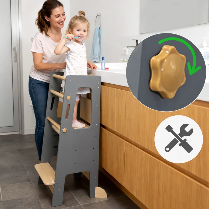 Montessori Lernturm Massivholz Klassik – Grau