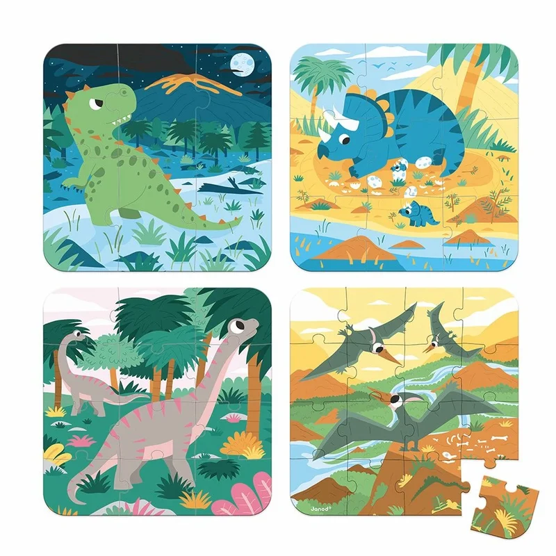 Janod - 4 Puzzles évolutifs dinosaures - 6 à 16 pièces - 2 ans+