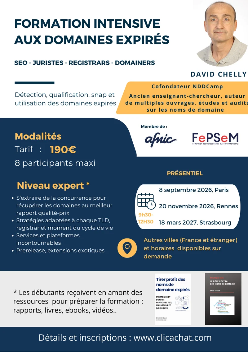 Formation en présentiel (Paris) noms de domaine expirés - 8 septembre 2026 - 9h30 -12h30
