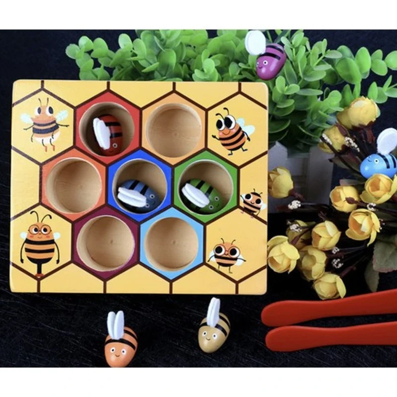 Jeu de motricité fine en bois – Attraper les abeilles avec une pince