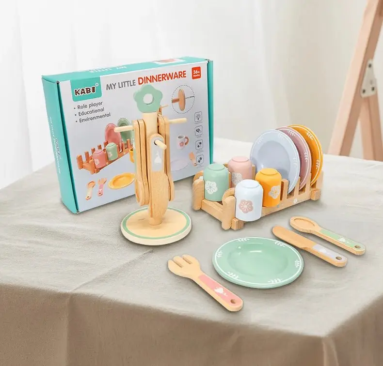 Service de Vaisselle Montessori - Ustensiles de Cuisine en Bois 21 Pièces