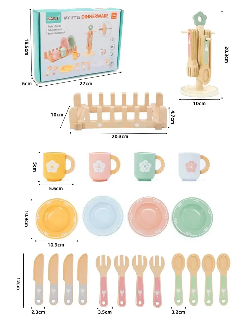 Service de Vaisselle Montessori - Ustensiles de Cuisine en Bois 21 Pièces