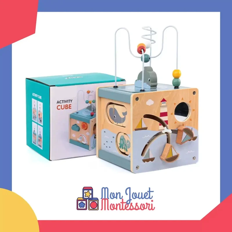 Cube d'Activité en Bois Montessori 5 en 1 - Jouet d'Apprentissage pour Tout-Petits