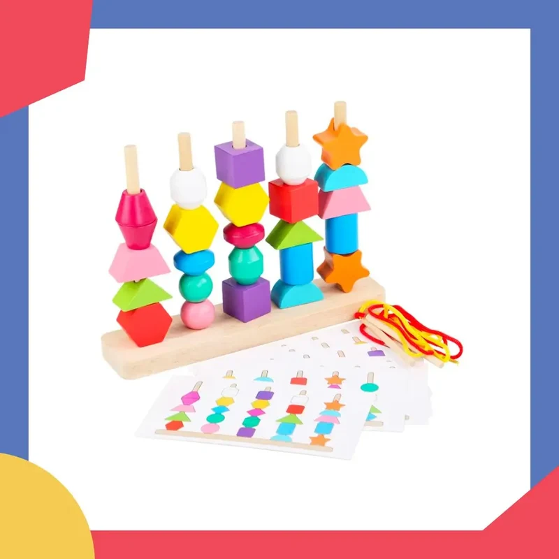 Jeu de puzzle en bois Montessori correspondance de couleurs et de formes avec perles colorées